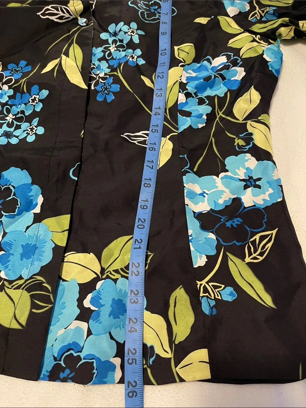 Black Floral Button-Up Top with Blue & Green Blooms